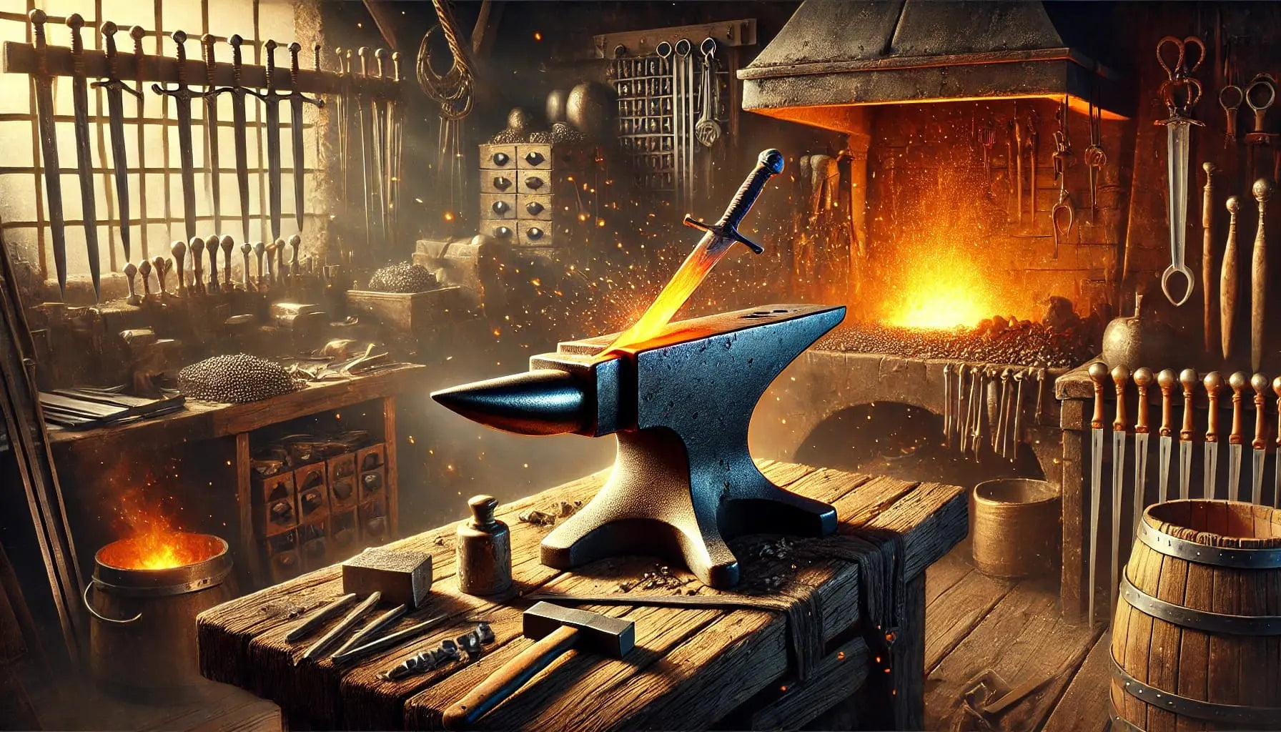 Historische Schmiede mit glühendem Schwert auf Amboss, umgeben von Werkzeugen, Feuer und geschmiedeten Waffen.