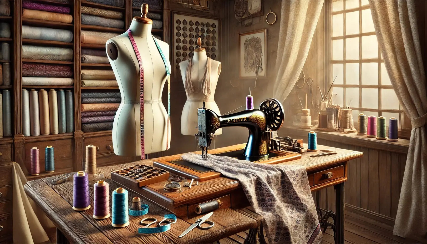 Vintage-Nähatelier mit Schneiderpuppe, Nähmaschine, Stoffen, Garnrollen und Licht durch ein Fenster.