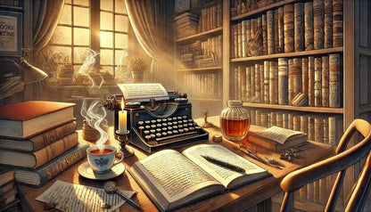 Schreibtisch im Vintage-Stil mit Schreibmaschine, Kerze, dampfender Teetasse und aufgeschlagenen Büchern in einem Bücherzimmer.