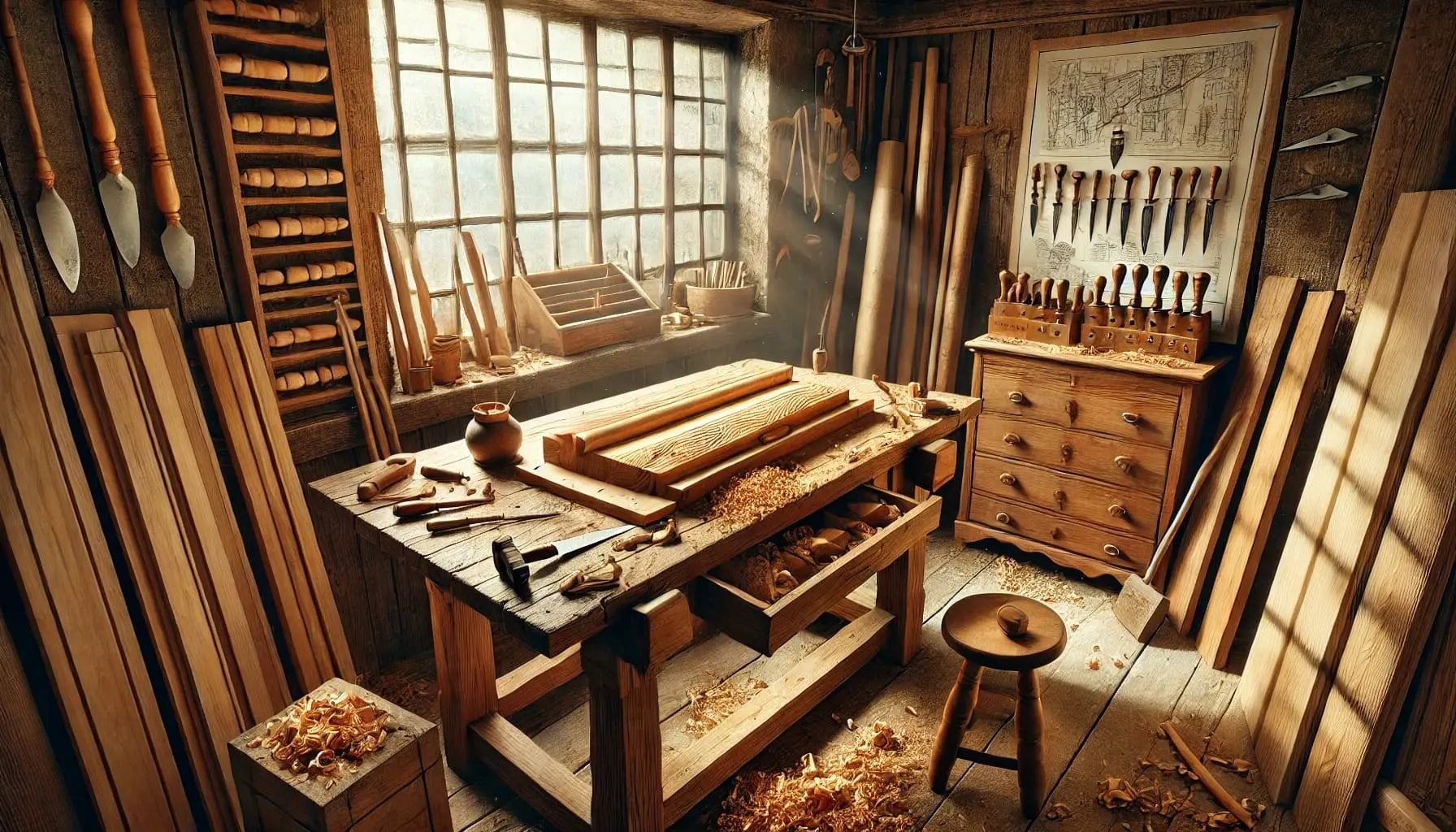 Alte Schreinerwerkstatt mit Werkbank, Holzspänen, Werkzeugen und Sonnenlicht, das durch die Fenster fällt.