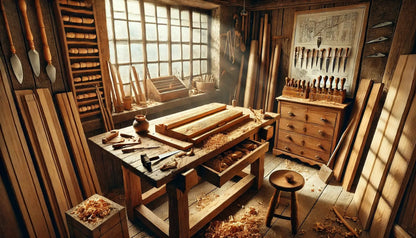 Alte Schreinerwerkstatt mit Werkbank, Holzspänen, Werkzeugen und Sonnenlicht, das durch die Fenster fällt.