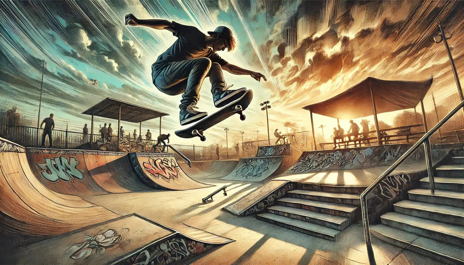 Skaten:

Jugendlicher beim Sprung mit dem Skateboard in einem urbanen Skatepark bei Sonnenuntergang