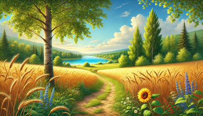 Sommerlandschaft mit Feldern, Bäumen und Sonnenblumen