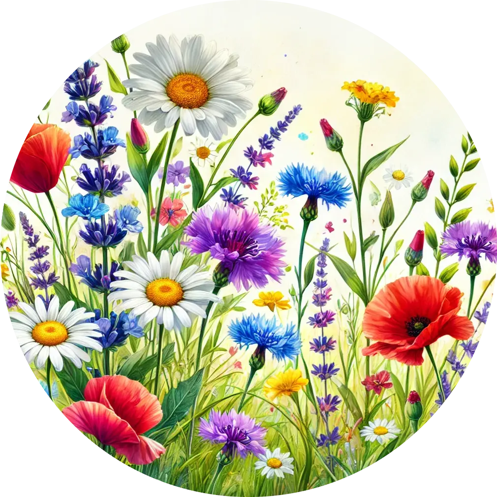  Sommerblumen auf heller Fläche mit Kornblumen, Mohn und Kamille
