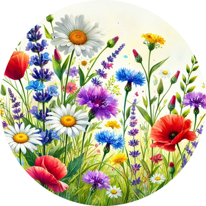  Sommerblumen auf heller Fläche mit Kornblumen, Mohn und Kamille
