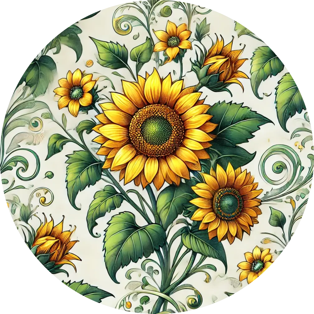  Florales Sonnenblumenmotiv mit Ranken und grünen Blättern