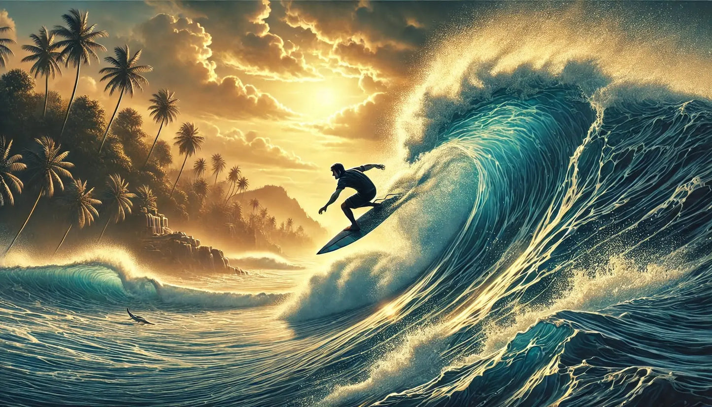 Surfer auf großer Welle bei Sonnenuntergang
Ein Mann surft auf einer riesigen, türkisfarbenen Welle vor einer tropischen Kulisse mit Palmen und goldener Abendsonne.