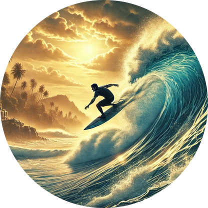Ein Surfer reitet eine leuchtend goldene Welle bei Sonnenuntergang – ein actionreiches Motiv für Wassersport-, Strand- und Surf-Fans.