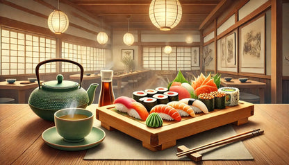 Sushi-Set mit Maki, Nigiri, Wasabi und Sojasauce in japanischem Ambiente.