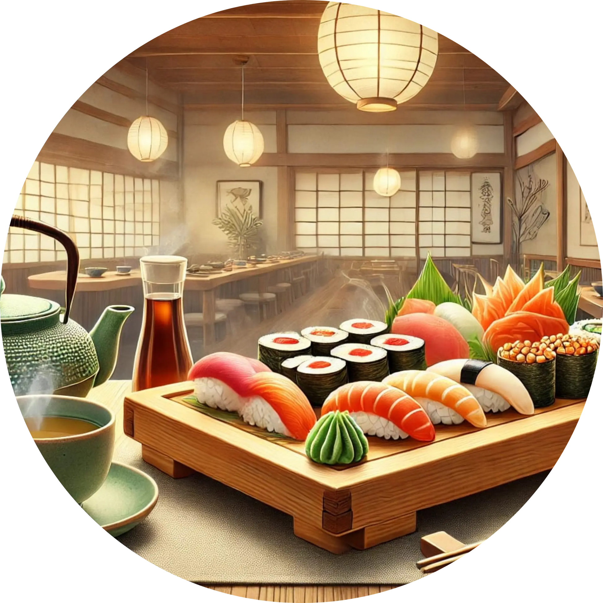 Japanisches Sushi-Set mit verschiedenen Rollen auf traditionellem Geschirr