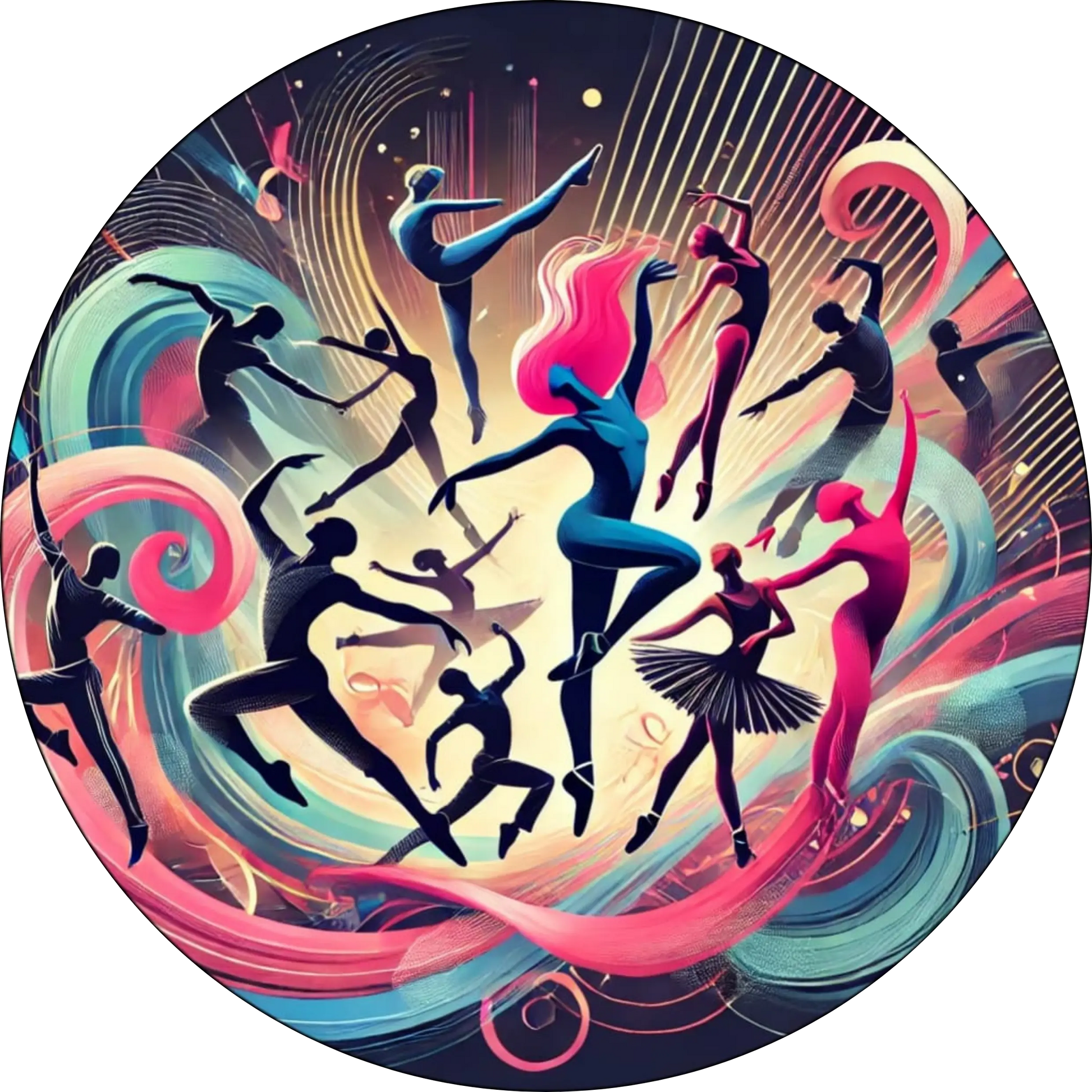 Stilisierte Tänzer in Bewegung vor leuchtenden Farben und musikalischer Kulisse – lebendiges Design für Tanzbegeisterte, Hip-Hop und Choreografie.