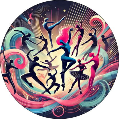 Stilisierte Tänzer in Bewegung vor leuchtenden Farben und musikalischer Kulisse – lebendiges Design für Tanzbegeisterte, Hip-Hop und Choreografie.