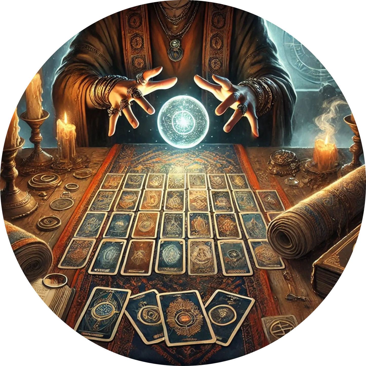 Mystische Szene mit schwebenden Tarotkarten über einem beleuchteten Tisch, begleitet von funkelnder Energie – ideal für spirituelle Themen wie Wahrsagen, Esoterik und Tarot.