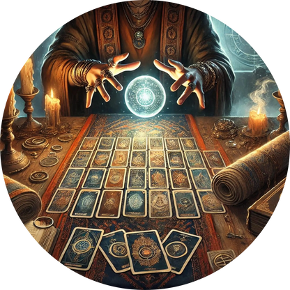 Mystische Szene mit schwebenden Tarotkarten über einem beleuchteten Tisch, begleitet von funkelnder Energie – ideal für spirituelle Themen wie Wahrsagen, Esoterik und Tarot.