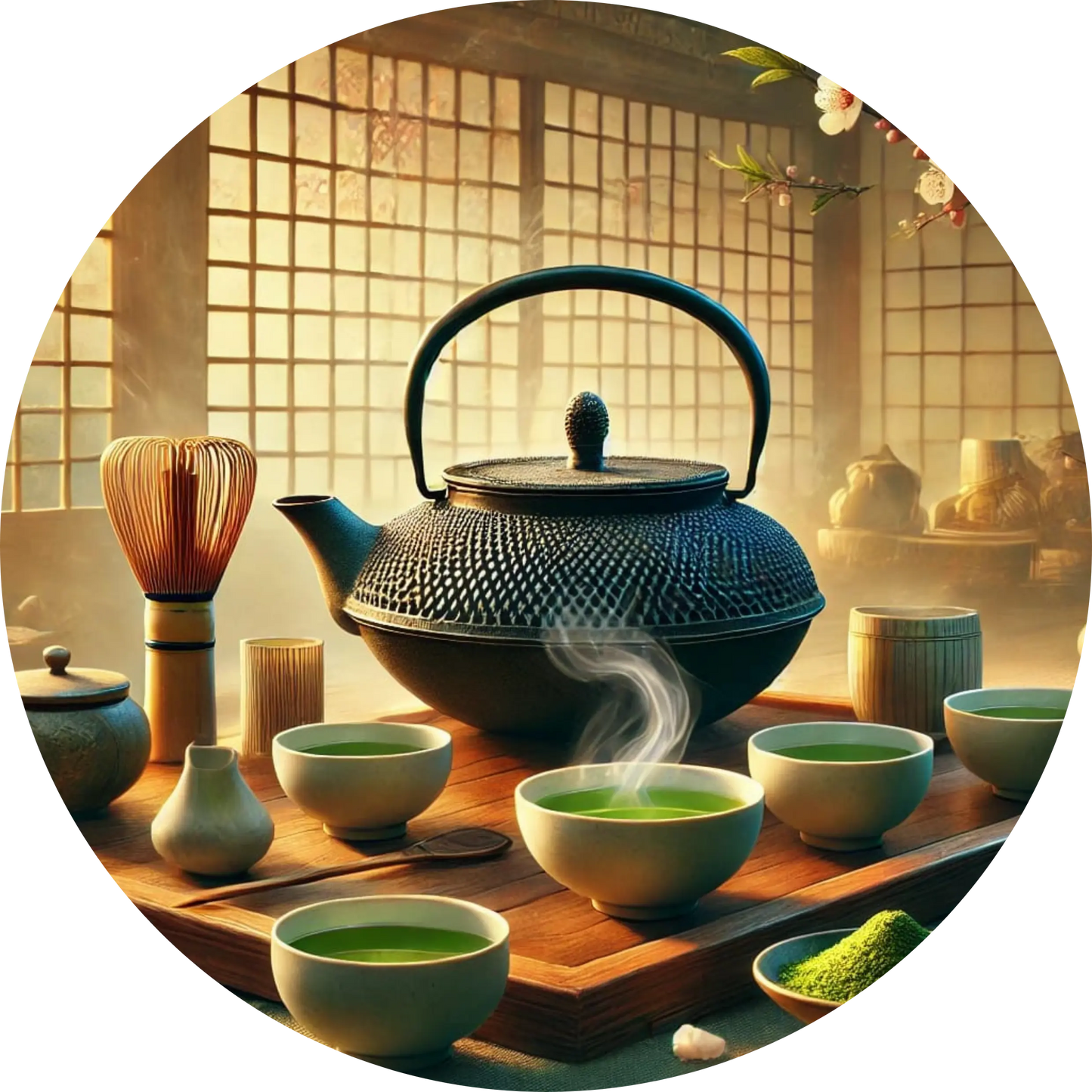 Teekanne mit Teeschalen auf einem Holztisch in warmer Lichtstimmung