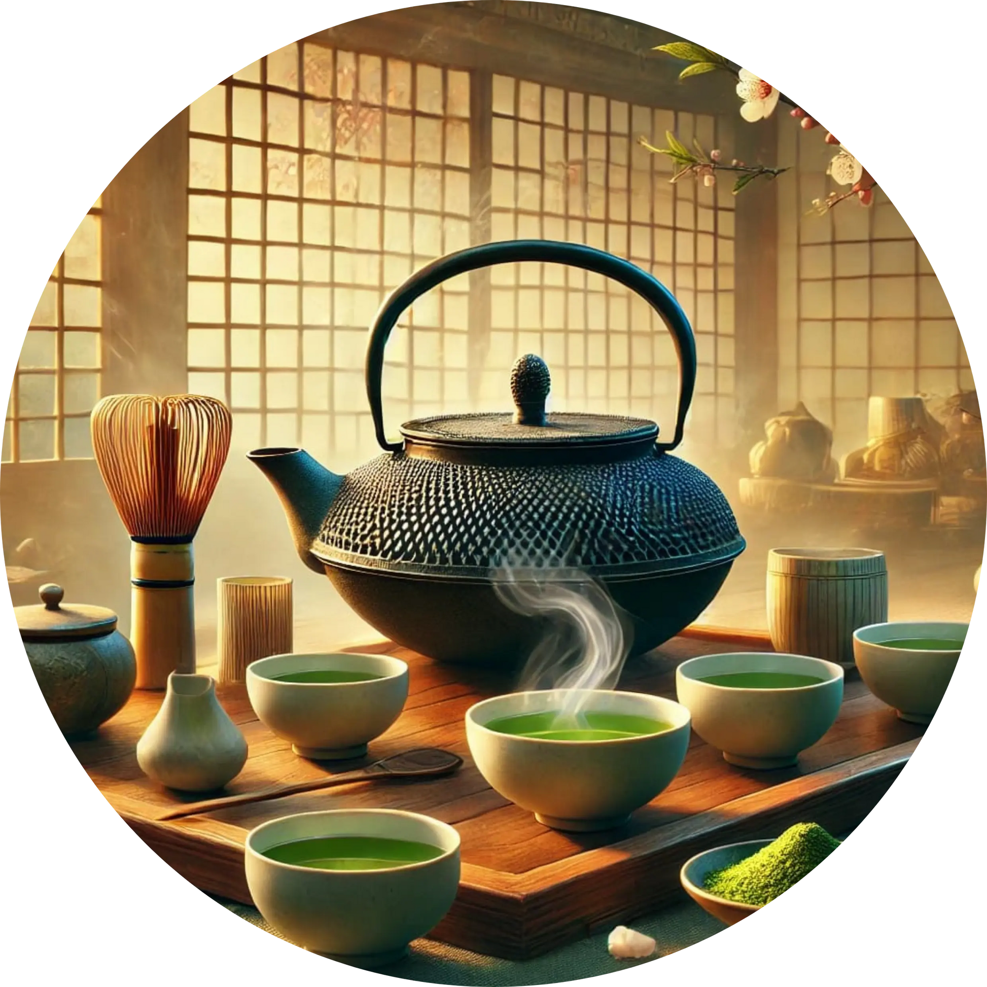 Teekanne mit Teeschalen auf einem Holztisch in warmer Lichtstimmung