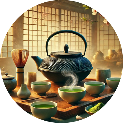 Teekanne mit Teeschalen auf einem Holztisch in warmer Lichtstimmung