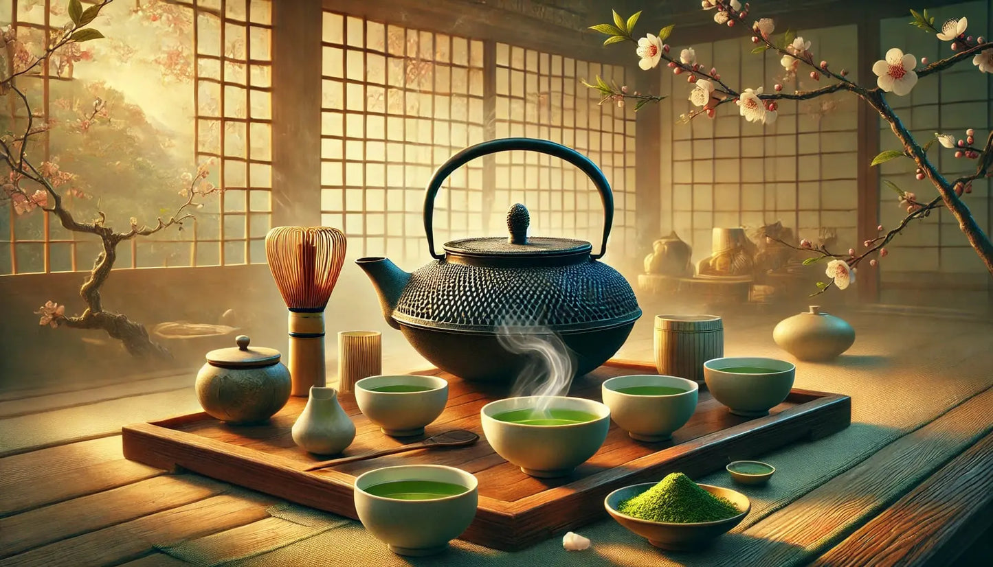 Traditionelle grüne Teekanne mit Bambusmatte und zartem Licht von Reispapierlampen.