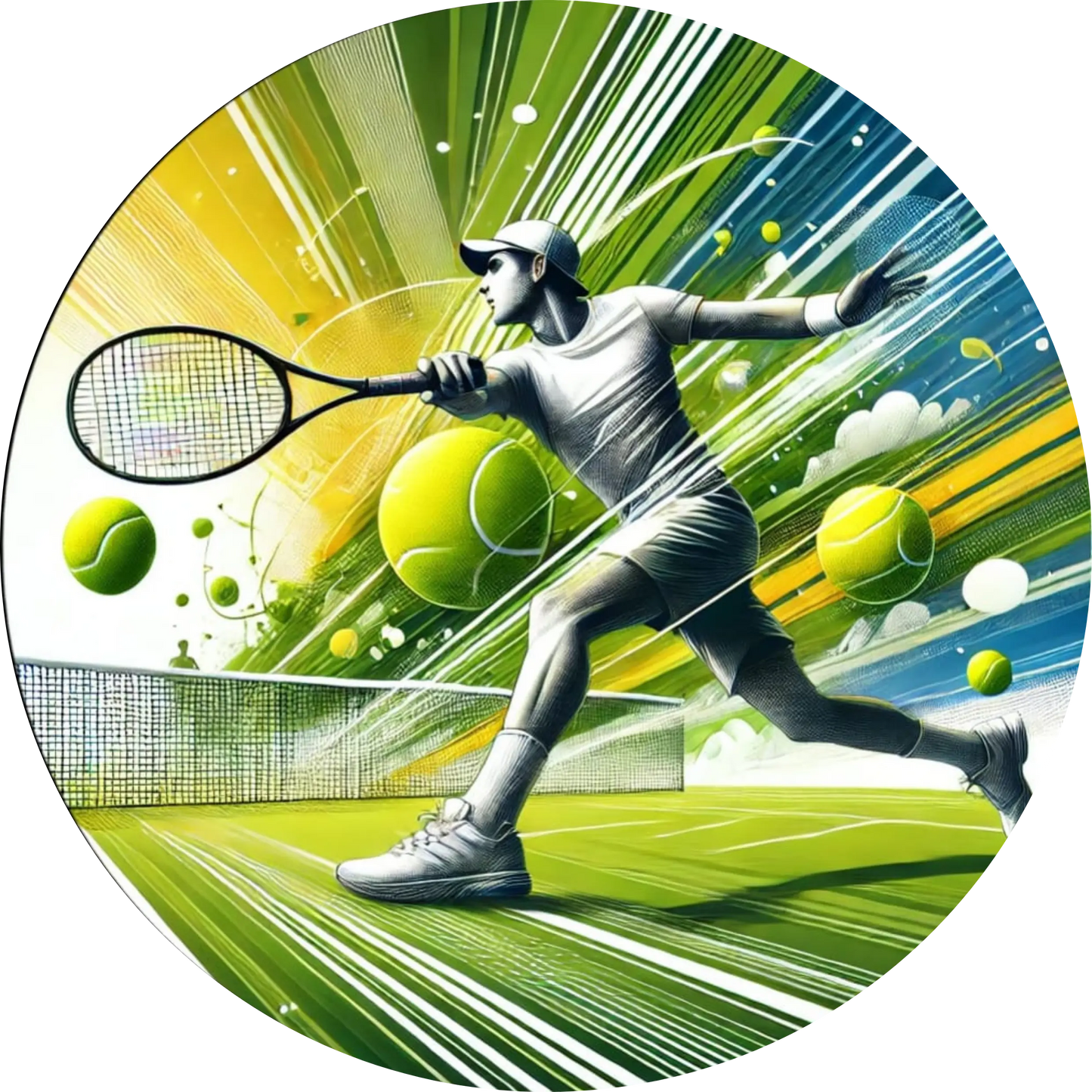 Dynamische Szene mit Tennisspieler in Aktion vor einem farbenfrohen, stilisierten Court – sportliches Motiv für Tennisfans & Turnierfreunde.