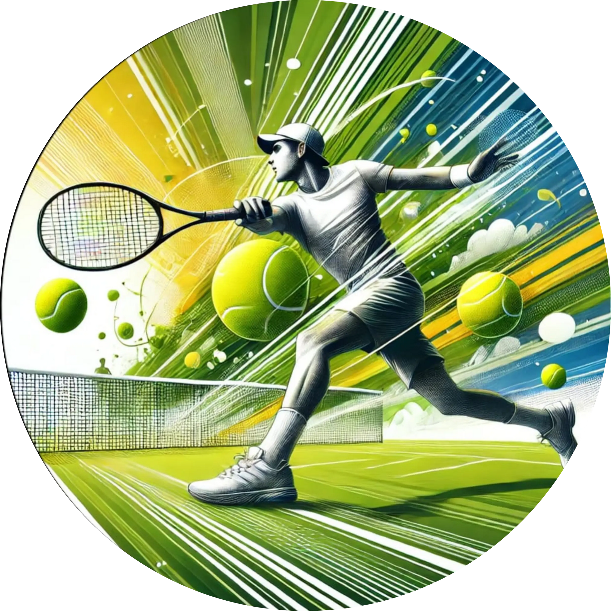 Dynamische Szene mit Tennisspieler in Aktion vor einem farbenfrohen, stilisierten Court – sportliches Motiv für Tennisfans & Turnierfreunde.