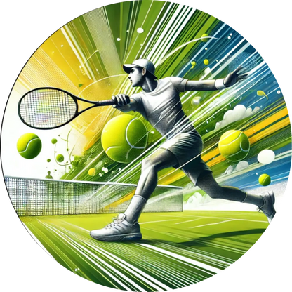 Dynamische Szene mit Tennisspieler in Aktion vor einem farbenfrohen, stilisierten Court – sportliches Motiv für Tennisfans & Turnierfreunde.