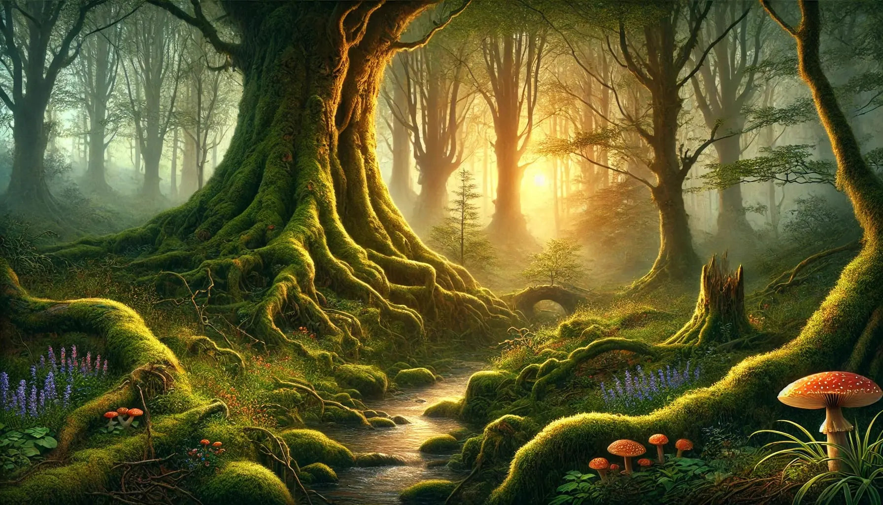 Magischer Urwald mit leuchtendem Licht im Bauminneren