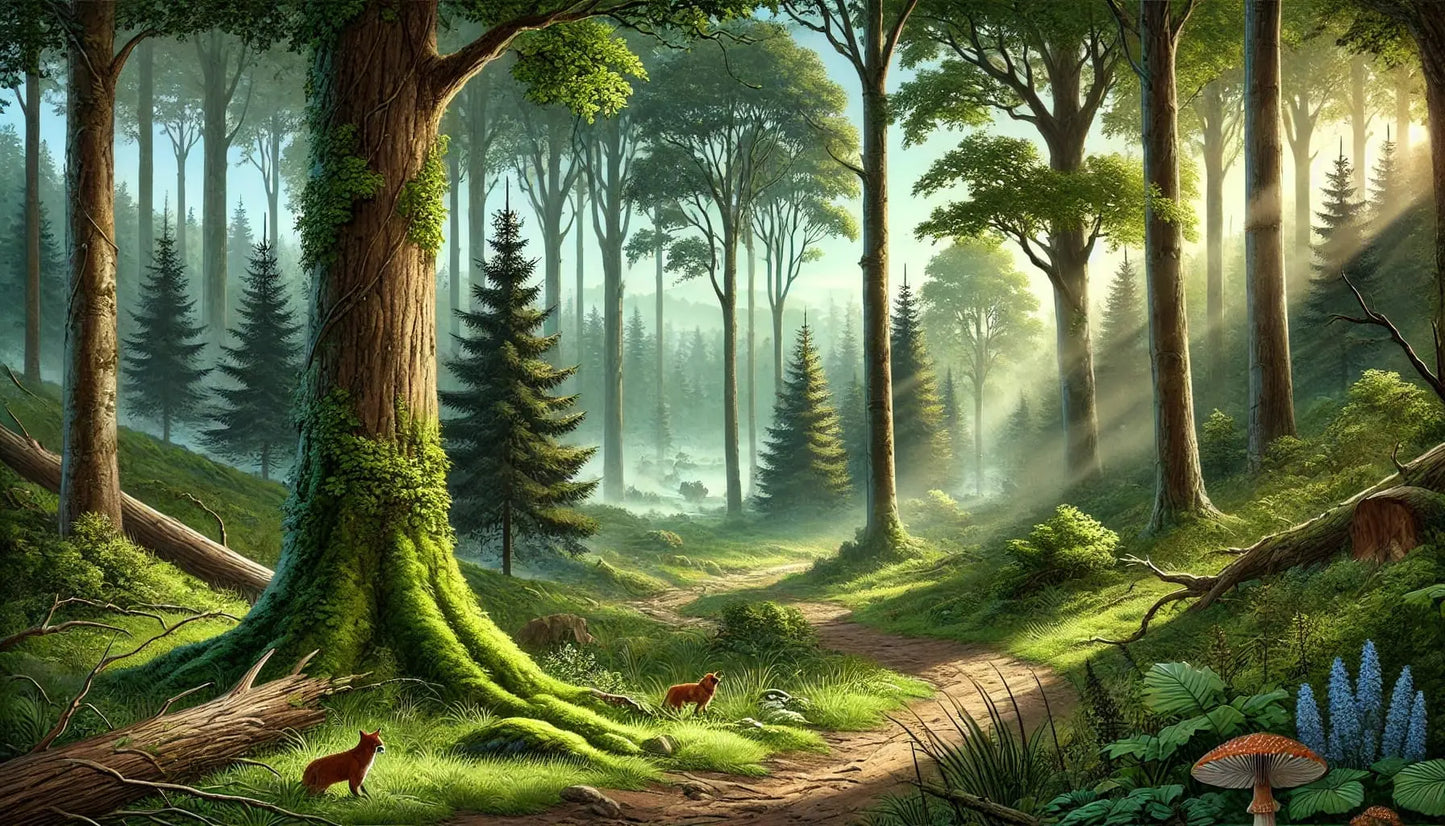 Waldszene mit goldenem Lichtspiel und dichter Vegetation