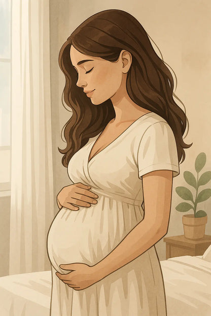 Schwangere Frau in weißem Kleid in einem hellen Schlafzimmer – minimalistisch illustriert im sanften Stil.