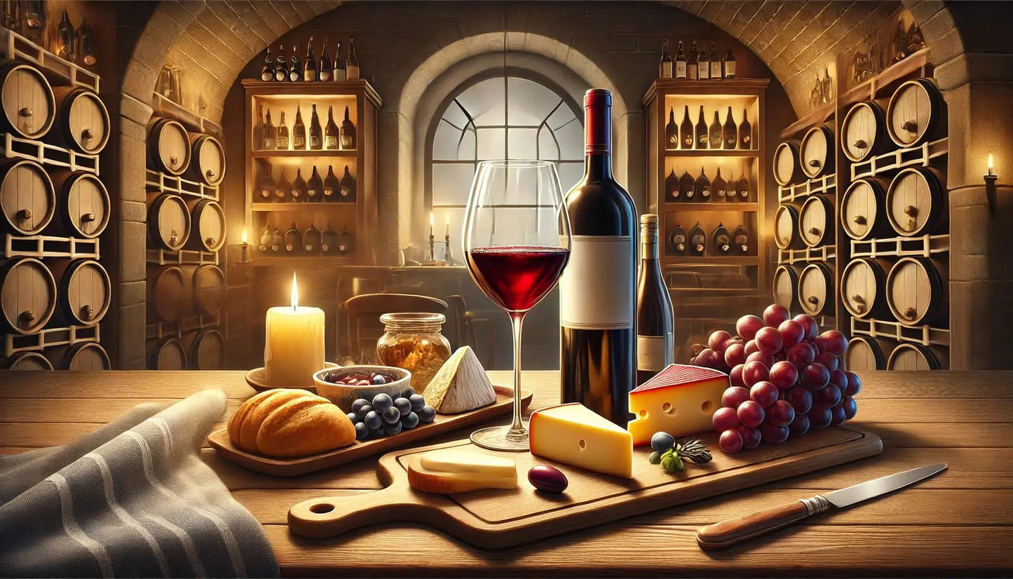 Wein- und Käsetafel mit Trauben, Nüssen und Brot auf rustikalem Tisch in Weinkelleratmosphäre.