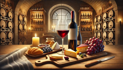 Wein- und Käsetafel mit Trauben, Nüssen und Brot auf rustikalem Tisch in Weinkelleratmosphäre.