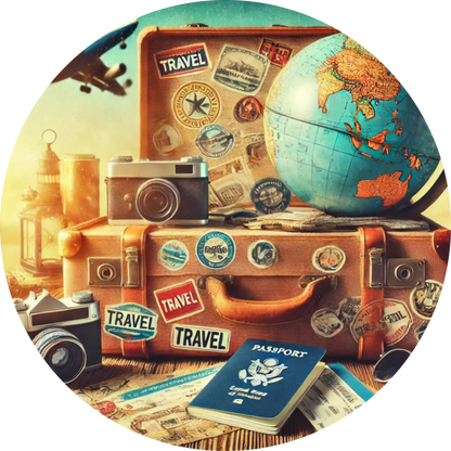 Vintage-Koffer mit Reiseutensilien, Postkarten und Stempeln – nostalgisches Motiv für Abenteuerlustige, Urlaub & Entdeckungstouren.