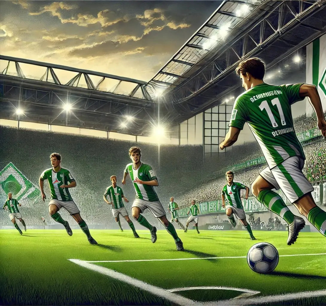 Fußballspiel im Stadion – Mannschaft in grün-weiß
Eine grün-weiße Fußballmannschaft im Angriff in einem vollbesetzten Stadion bei dramatischem Licht.