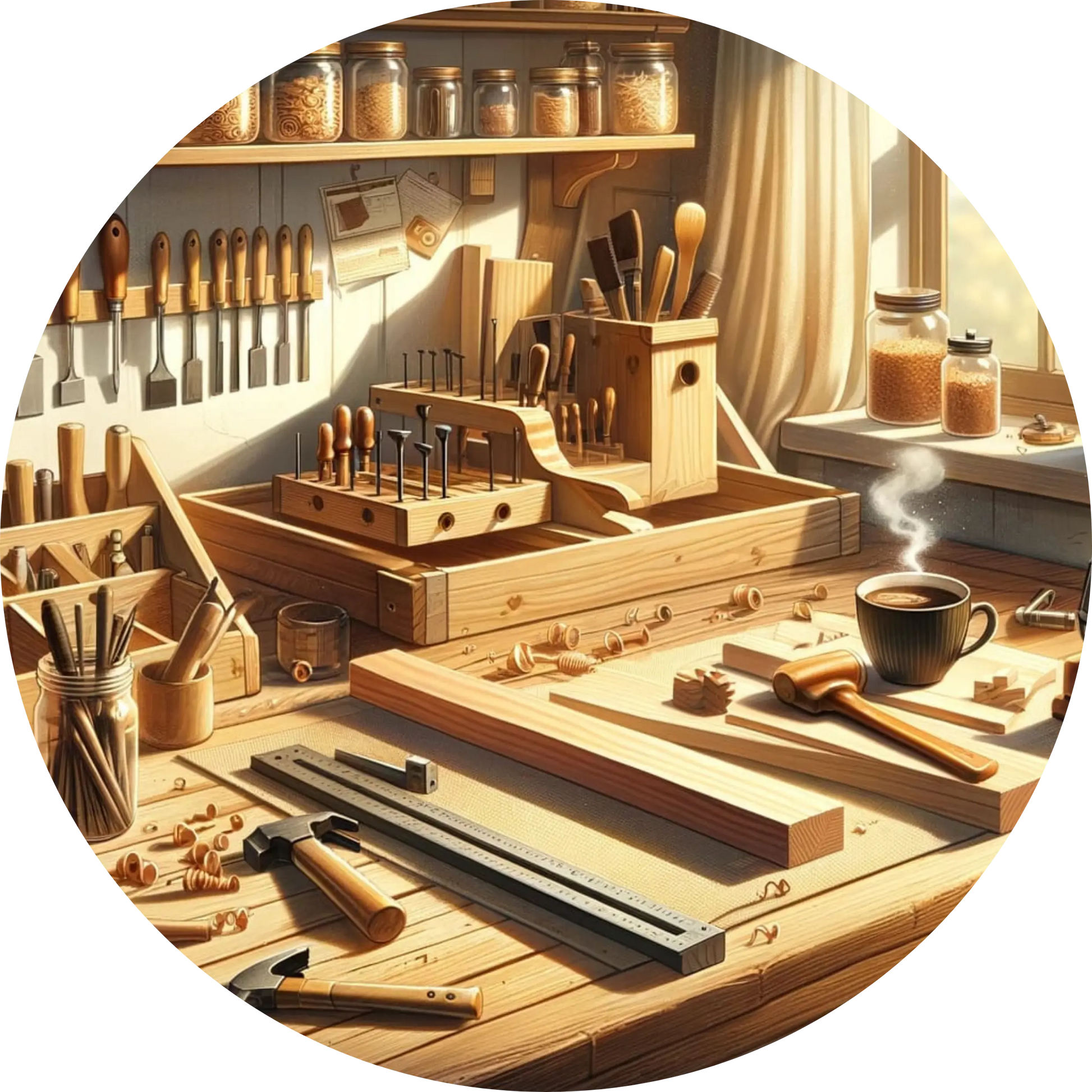 Ein detailreiches Schiffsmodell auf einer hölzernen Werkbank mit Werkzeug – maritimes DIY-Motiv für Modellbauer, Bastler und Hobby-Kapitäne.