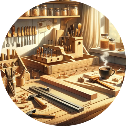 Ein detailreiches Schiffsmodell auf einer hölzernen Werkbank mit Werkzeug – maritimes DIY-Motiv für Modellbauer, Bastler und Hobby-Kapitäne.