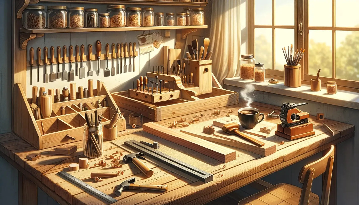 Holzwerkstatt mit Werkzeugen bei Tageslicht
Eine aufgeräumte, helle Holzwerkstatt mit vielfältigem Handwerkszeug und Dampf, der aus einer Tasse aufsteigt.