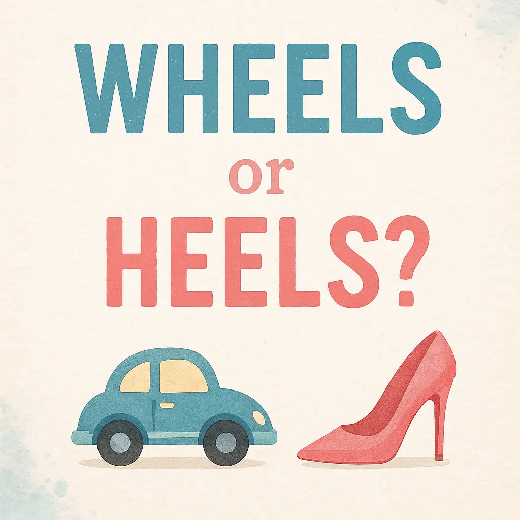  Illustration mit der Aufschrift „Wheels or Heels?“ – darunter ein blaues Auto und ein roter High Heel als symbolische Darstellung für Junge oder Mädchen.
