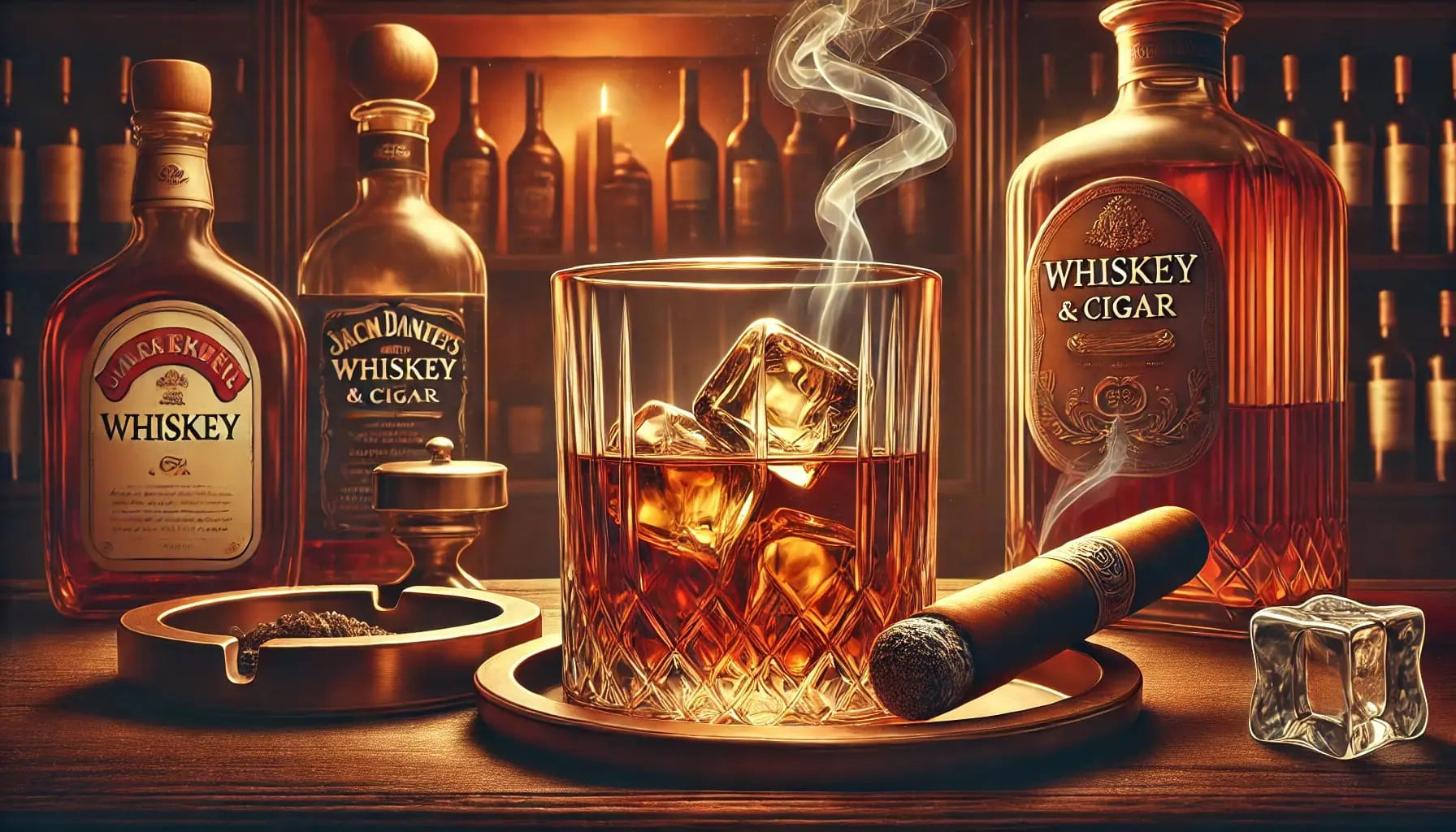 Zigarren und Whiskey-Flaschen auf Holzplatte mit Rauch und warmem Licht inszeniert.