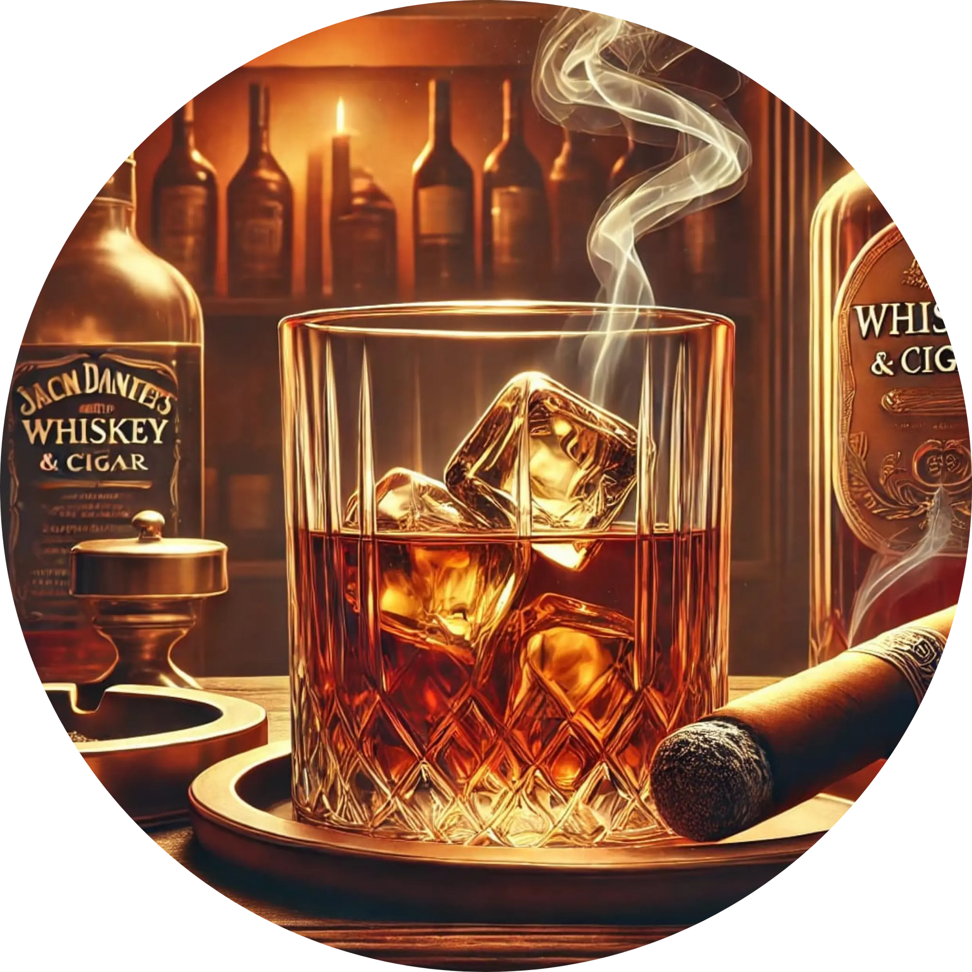 Whiskyglas mit Zigarre, Kaminfeuer und Vintage-Barambiente