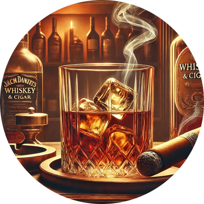 Whiskyglas mit Zigarre, Kaminfeuer und Vintage-Barambiente