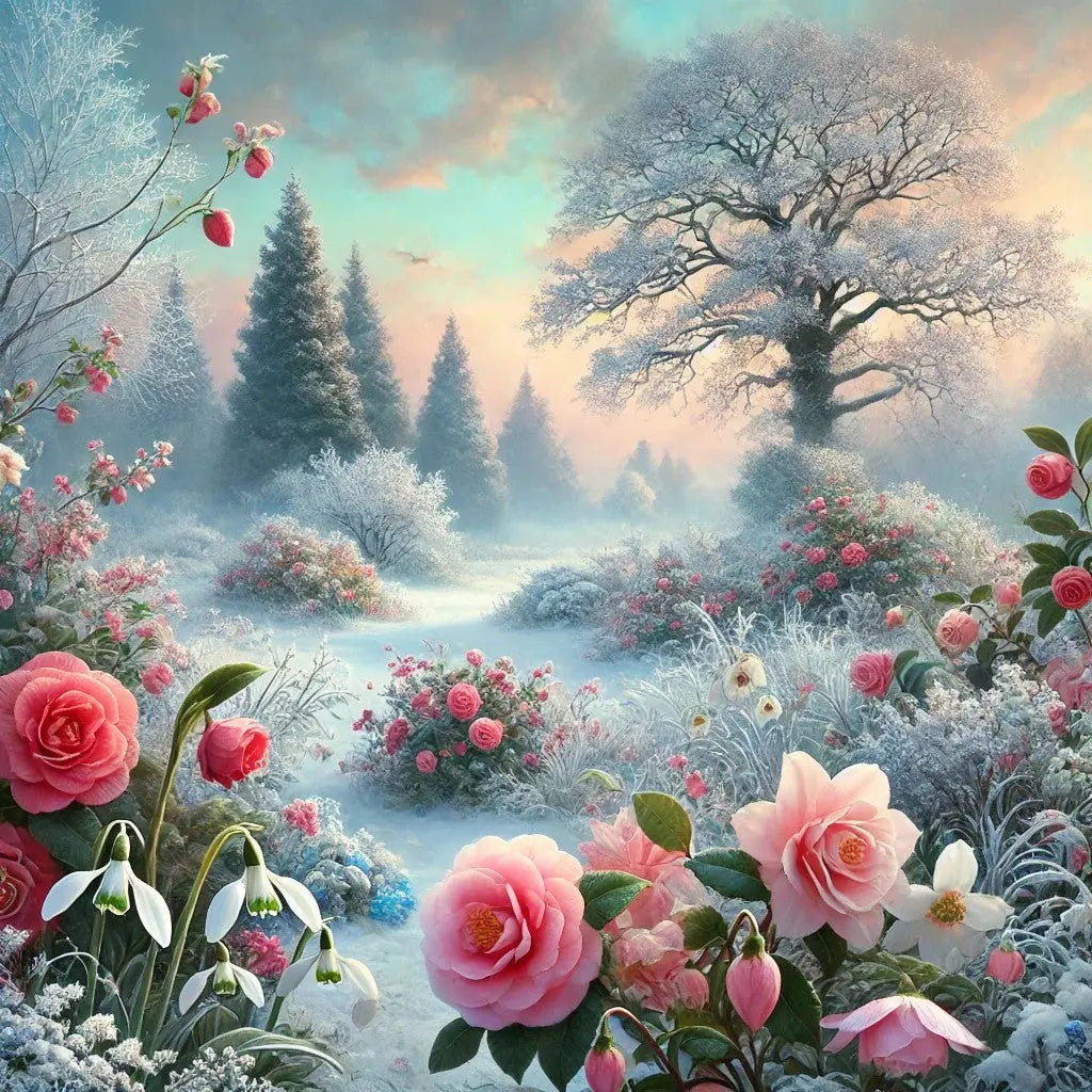 Frostige Blumen und Bäume mit Raureif und winterlicher Atmosphäre