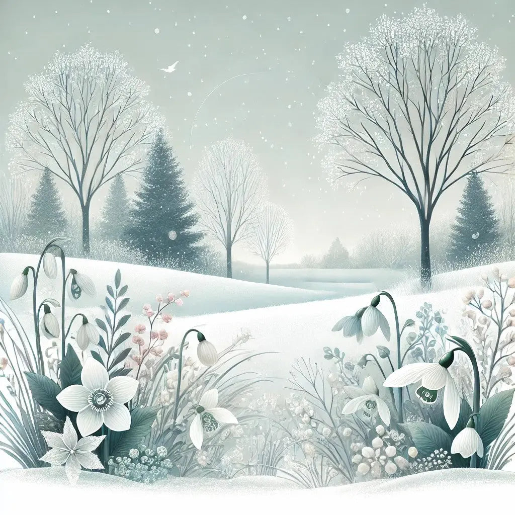 Graue Winterlandschaft mit kahlen Bäumen und Nebel