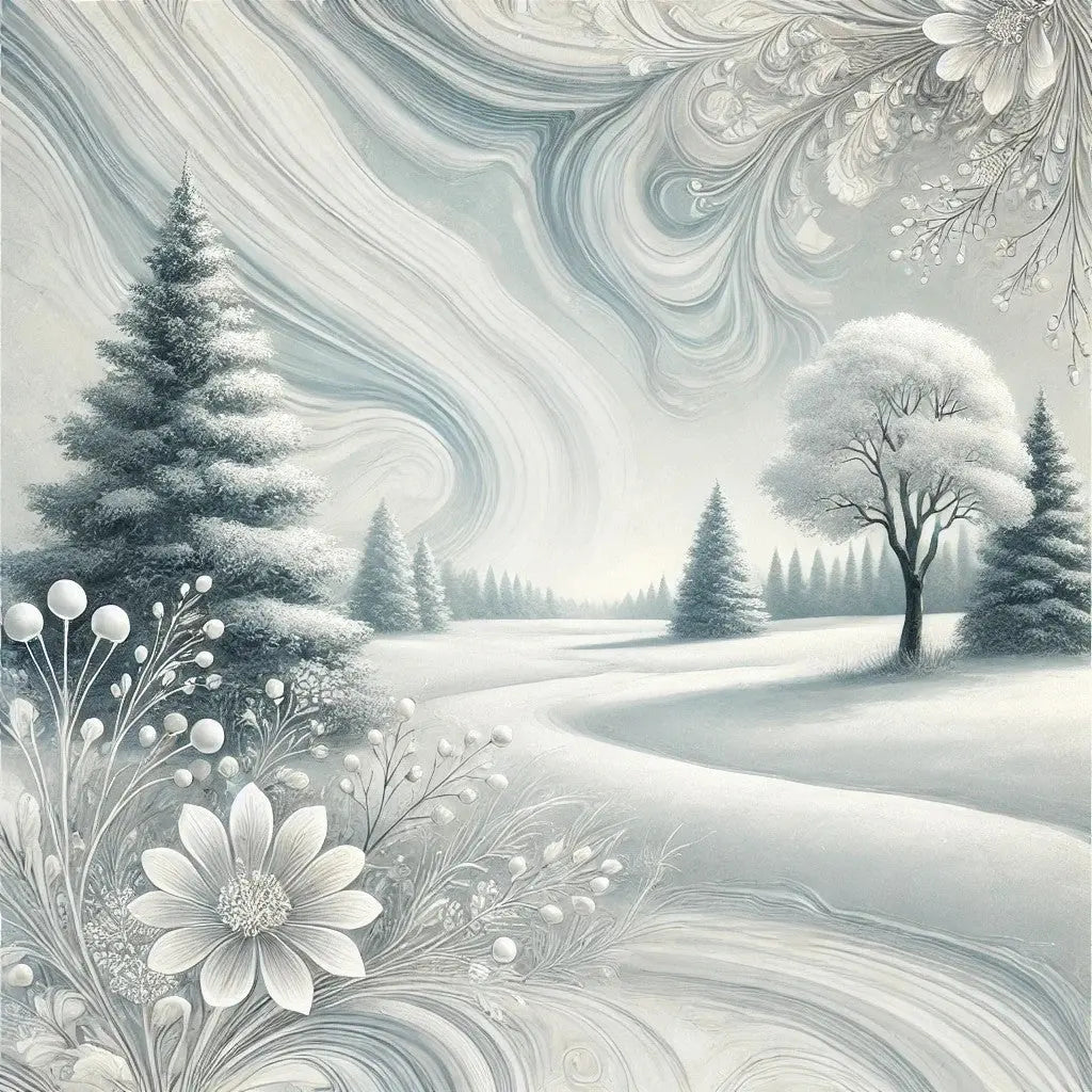 Künstlerische Schneelandschaft mit floralen Mustern