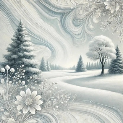 Künstlerische Schneelandschaft mit floralen Mustern