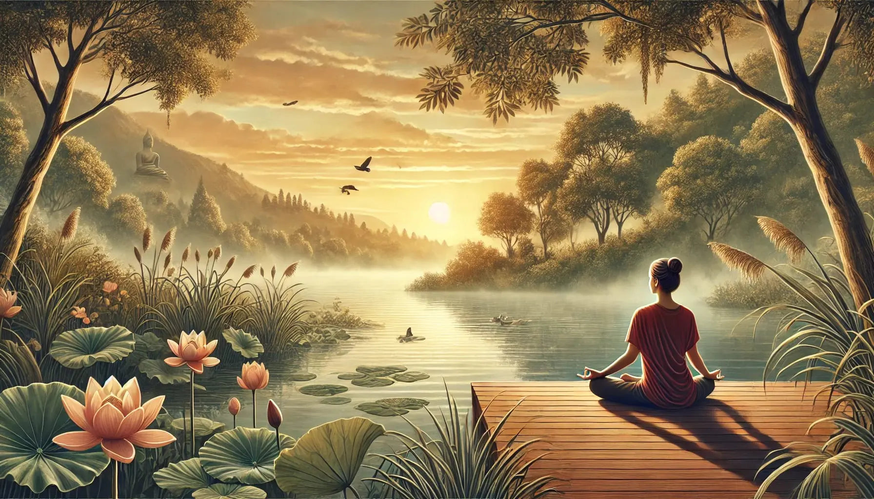 Frau meditiert am See im Morgengrauen
Eine Frau sitzt in Meditationshaltung auf einem Holzsteg an einem nebligen See, umgeben von Natur und Lotusblumen.