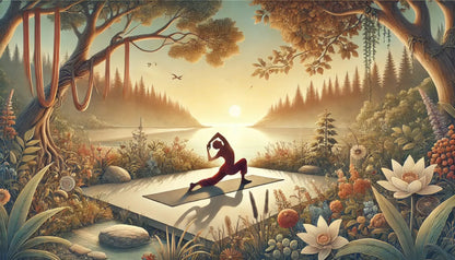 Frau macht Yoga in idyllischer Naturkulisse
Eine Frau praktiziert Yoga auf einer Plattform am See, umgeben von üppiger Vegetation, während die Sonne aufgeht.