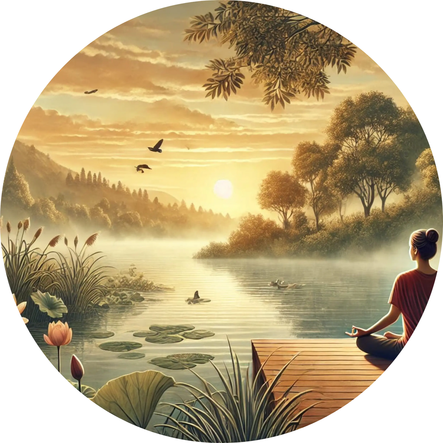 Stimmungsvolles Motiv einer Frau beim Meditieren am ruhigen Flussufer, in den Sonnenuntergang blickend – beruhigendes Naturbild mit Fokus auf Spiritualität und Entspannung.