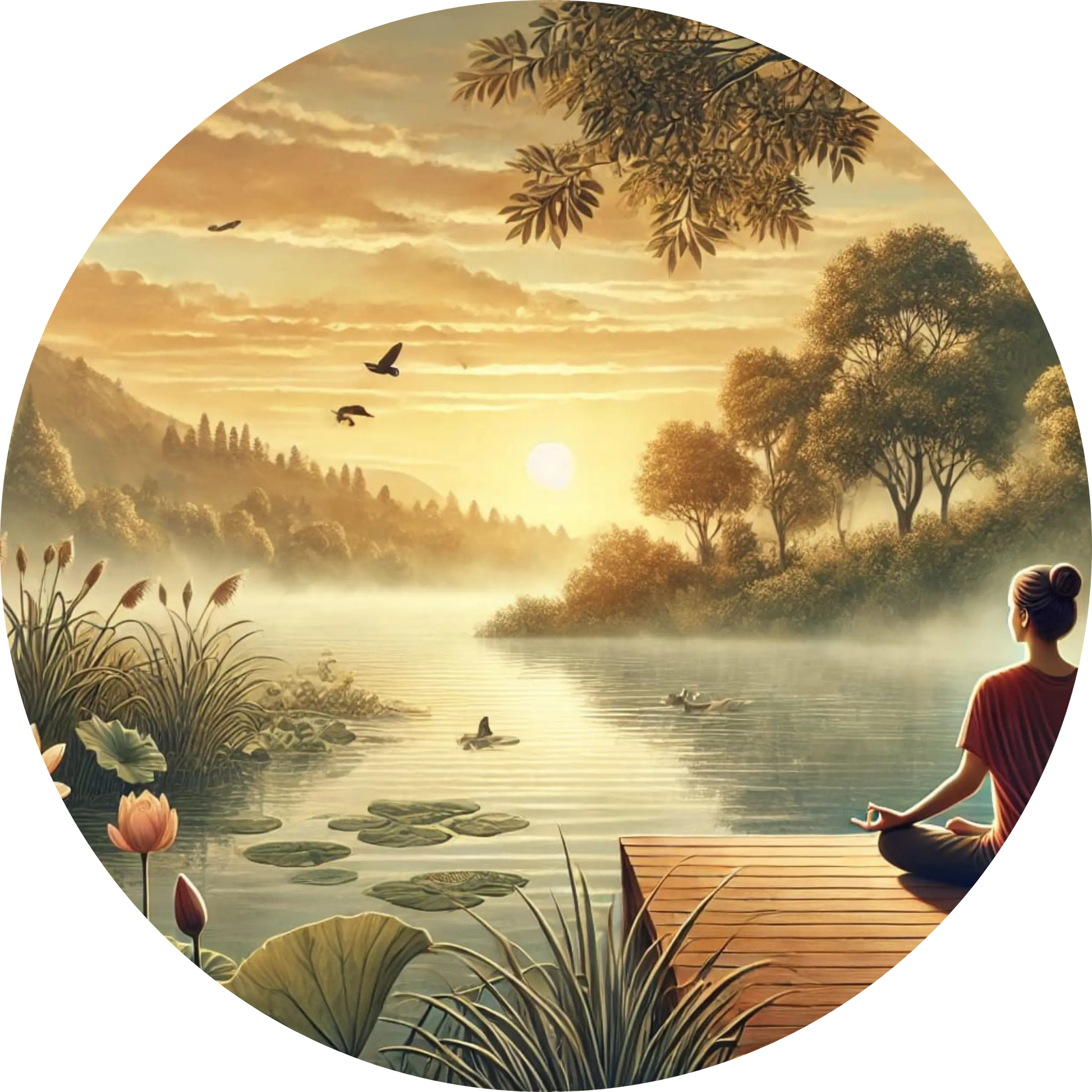 Stimmungsvolles Motiv einer Frau beim Meditieren am ruhigen Flussufer, in den Sonnenuntergang blickend – beruhigendes Naturbild mit Fokus auf Spiritualität und Entspannung.