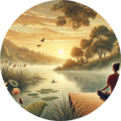 Stimmungsvolles Motiv einer Frau beim Meditieren am ruhigen Flussufer, in den Sonnenuntergang blickend – beruhigendes Naturbild mit Fokus auf Spiritualität und Entspannung.